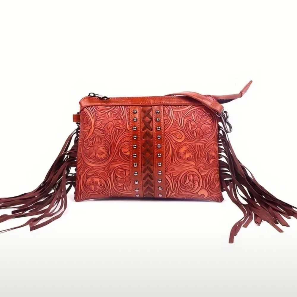Brown Embossed Leather Crossbody Bag - Picture 10 of 12